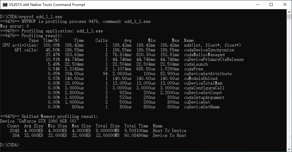 Profiling result with numBlocks = 1 and blockSize = 1