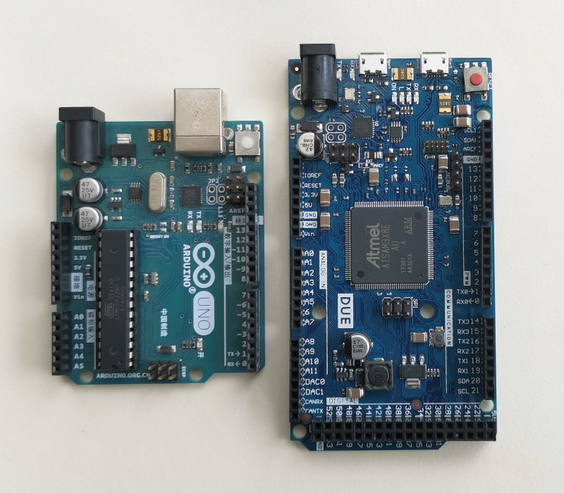 Two Arduino boards: Arduino Uno R3 (left) Arduino DUE (right)