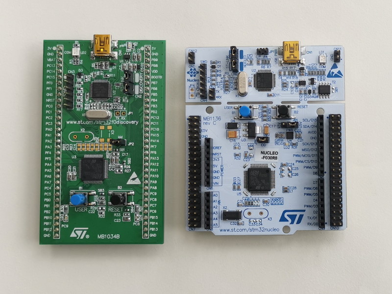 Official STM boards: STM32F0Discovery (left), Nucleo-F030R8 (right)
